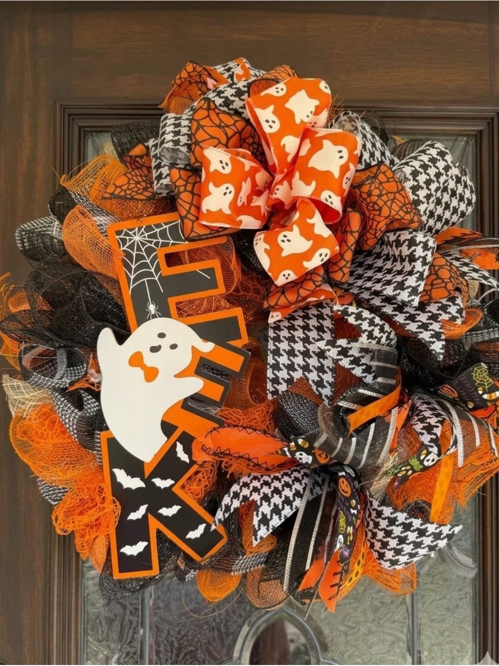 Halloween Ghost Deco Wreath - Orange, Black & White